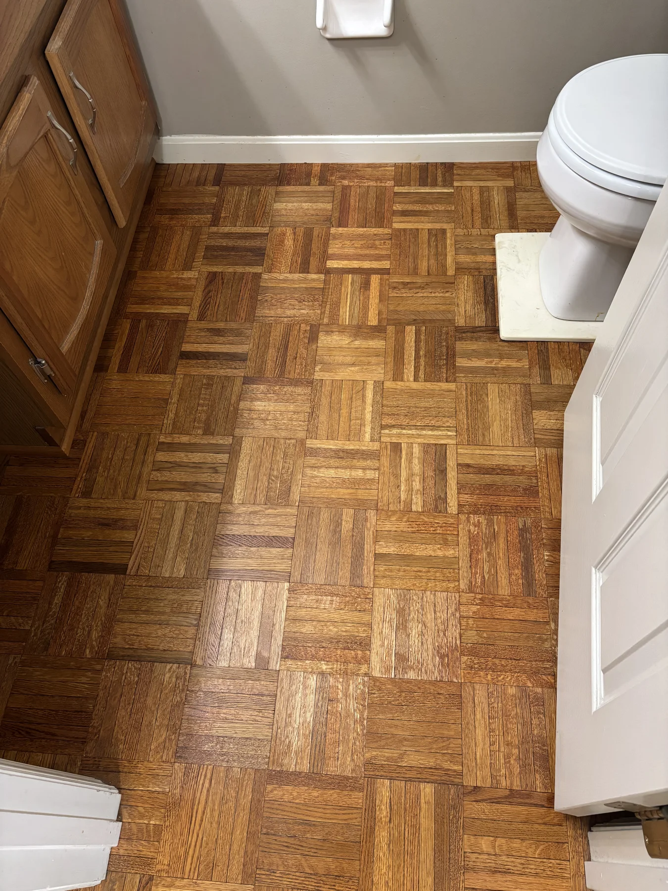 West Cincinnati: Parquet Bathroom – after ReCoat Revolution refinishing