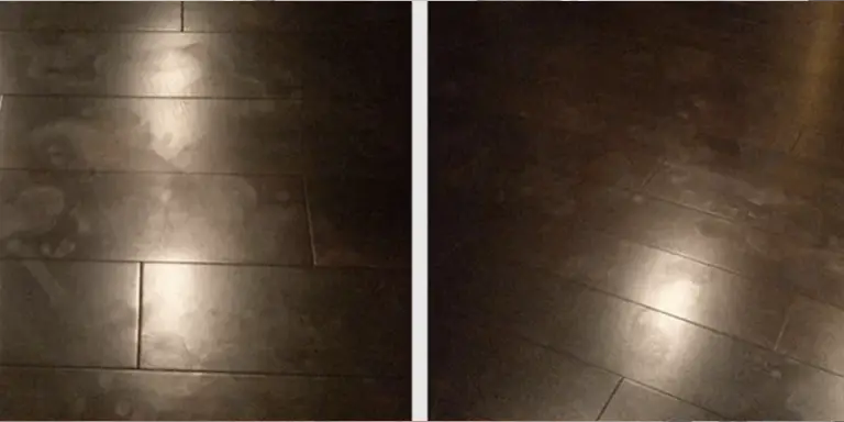 A side-by-side visual of two areas of dark flooring with footprints and greasy, oily results after using Murphy's Oil Soap to clean the floors.